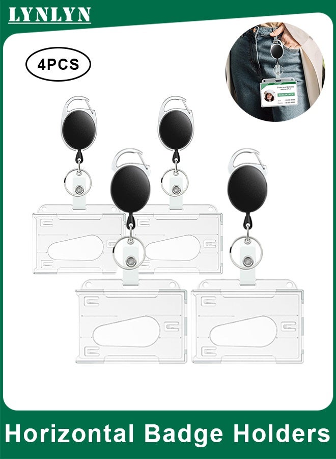 LYNLYN 4 Pack Horizontal Badge Holders with Retractable Badge Reels, Clear ID Card Holder with Thumb Slot and Carabiner Clip, Heavy Duty Protector for IDs, Credit Cards, Driver’s Licenses, and Passes - Image 1